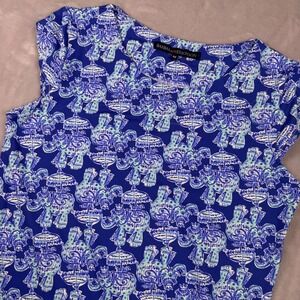 Barbara Erickson Womens Blue Teal Elephant Print Shift Dress Size M Cap Sleeve